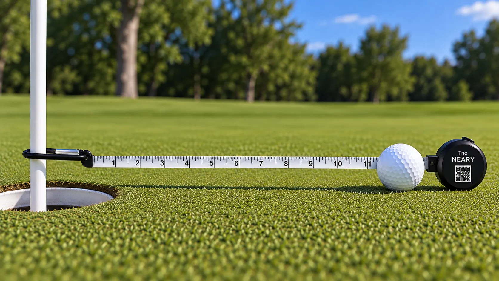 Early concept showing The Neary retractable golf measuring tool beside a flagstick and golf ball